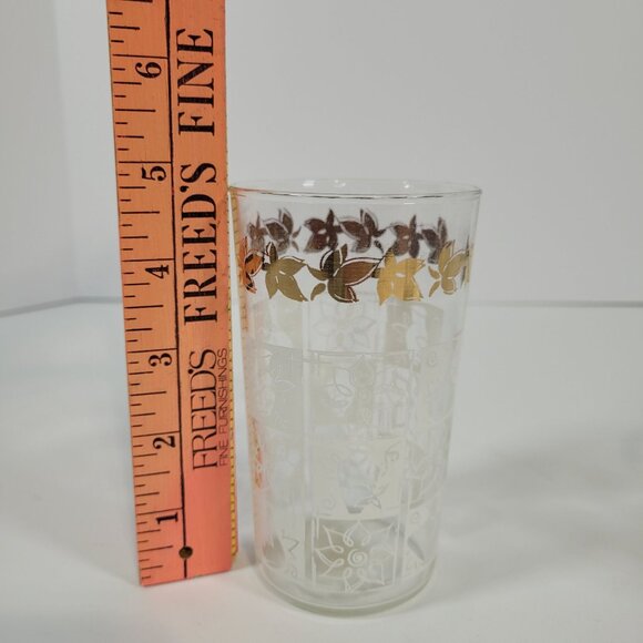 Vintage Hazel Atlas Mid Century Tumblers Gold Leaves White Check Flowers Vases - Picture 6 of 6